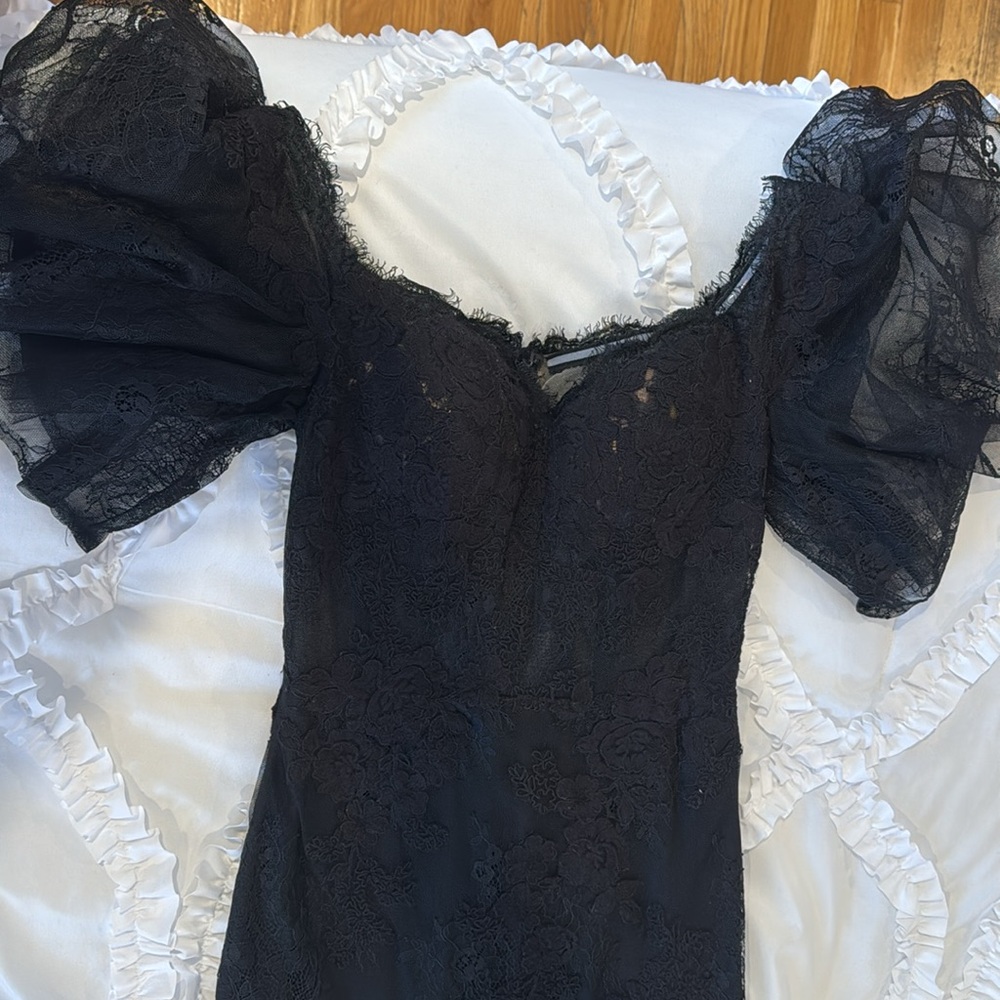 Badgley Mischka Black Lace Maxi Dress with Sheer Puff Sleeves - Picture 2 of 6
